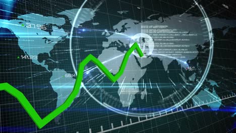 animación de la línea verde y procesamiento de datos a través de la red de conexiones y el mapa del mundo