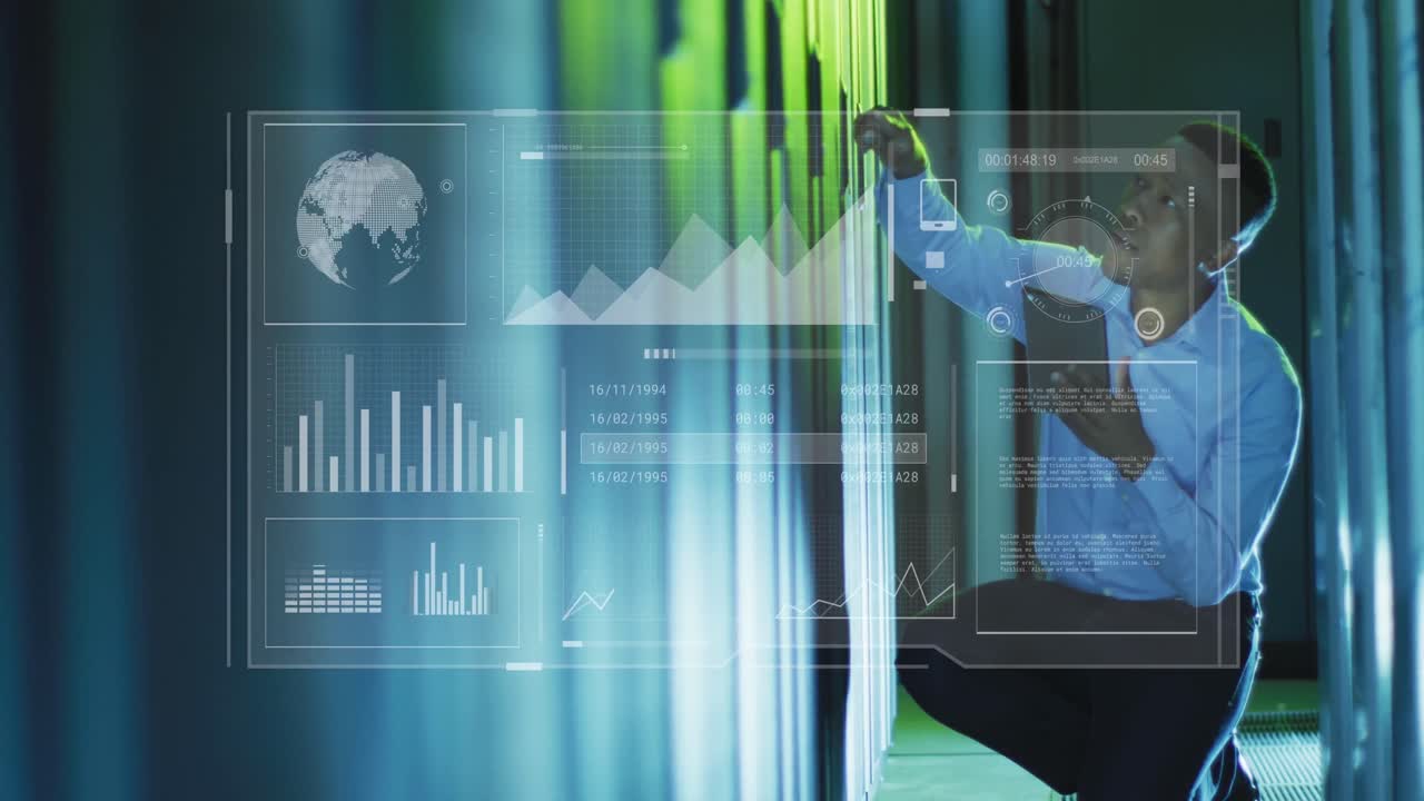 animación del procesamiento de datos sobre ingeniero informático afroamericano y servidores informáticos