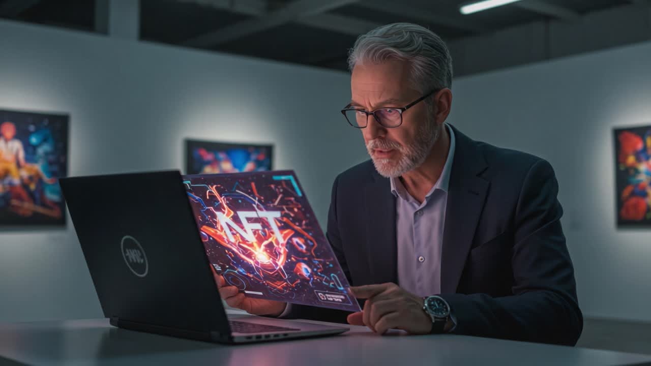A Professional Examines the Digital Realm of NFTs in a Modern Art Gallery, Merging Technology and Creativity Through Innovative Digital Artwork Displays