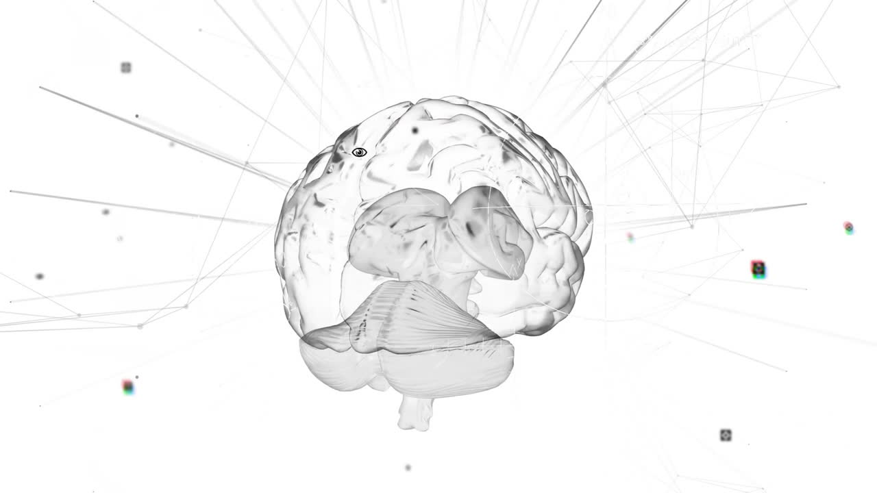 Animation of digital brain with network connections and geometric elements