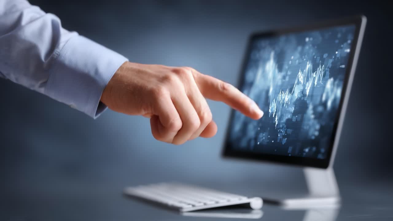 Engaging with Digital Data: A Close-Up of a Hand Interacting with a Touchscreen Display Showing Analytical Graphs and Interactive Visualizations