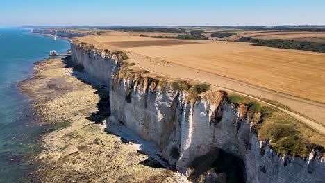 aerial orbit showing famous gigantic cliffs of etretat and agricultural fields on top during summer - france,europe