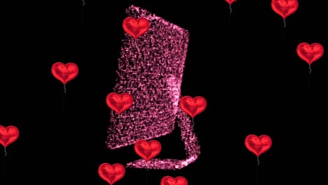 multiple red heart shaped balloons floating against 3d computer model spinning on black background