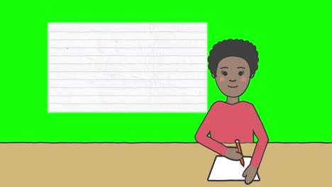 animación de una escolar tomando notas sobre los íconos de los artículos escolares en fondo verde