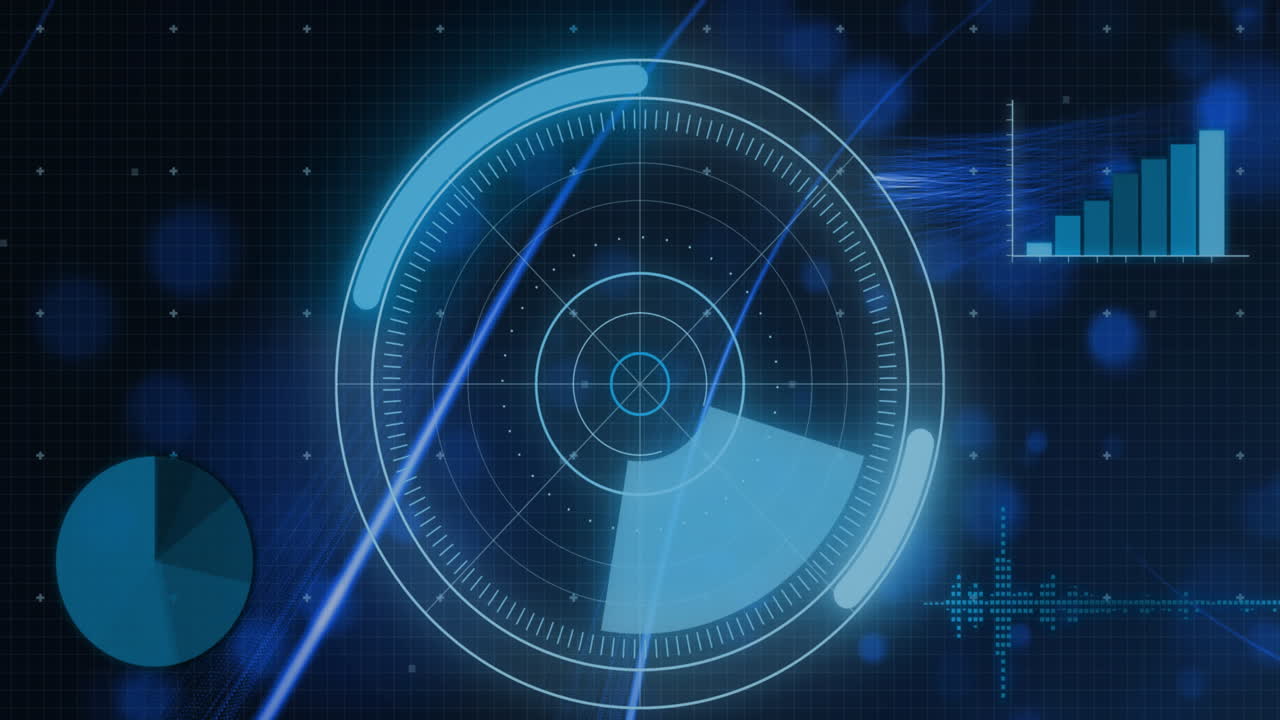 animación de escáner circular y procesamiento de datos sobre manchas de luz azul sobre fondo negro.