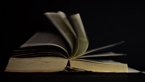 slow motion, close up of an old, vintage, open book with pages turning on the wind, on a dark room with few light, with black surroundings