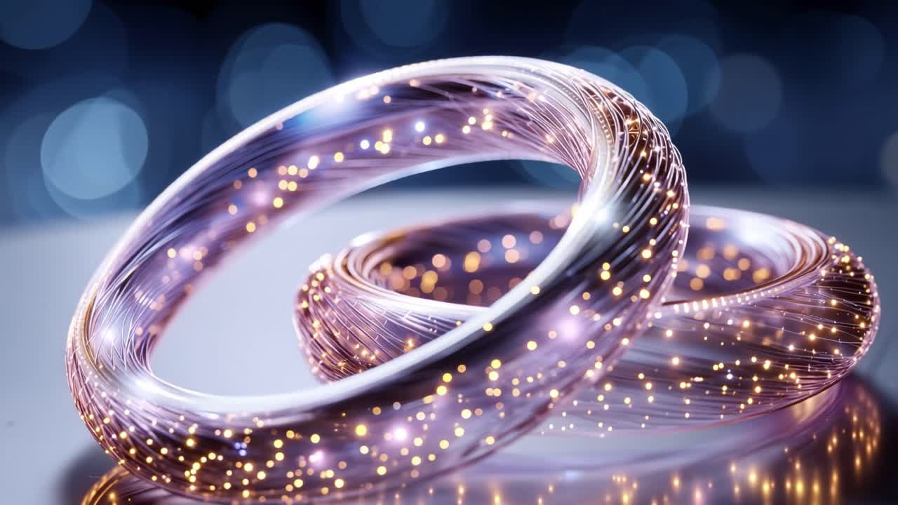 Två glödande ringar vilar mjukt på en reflekterande yta. Gyllene gnistor dansar längs deras böjda kanter. Djupt blå bokeh-ljus skapar en magisk bakgrund. Ringarna glöder varmt.