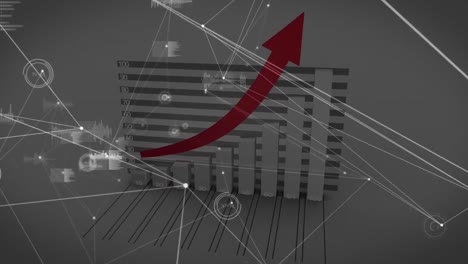 Animation-of-statistics-with-red-arrow,-networks-of-connections-and-financial-data-processing