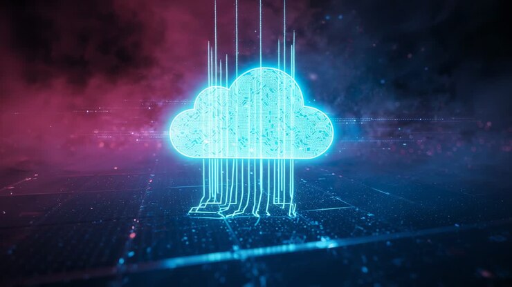 Forming neon blue cloud icon projecting pulsing light streams across grid plane, showing data flow