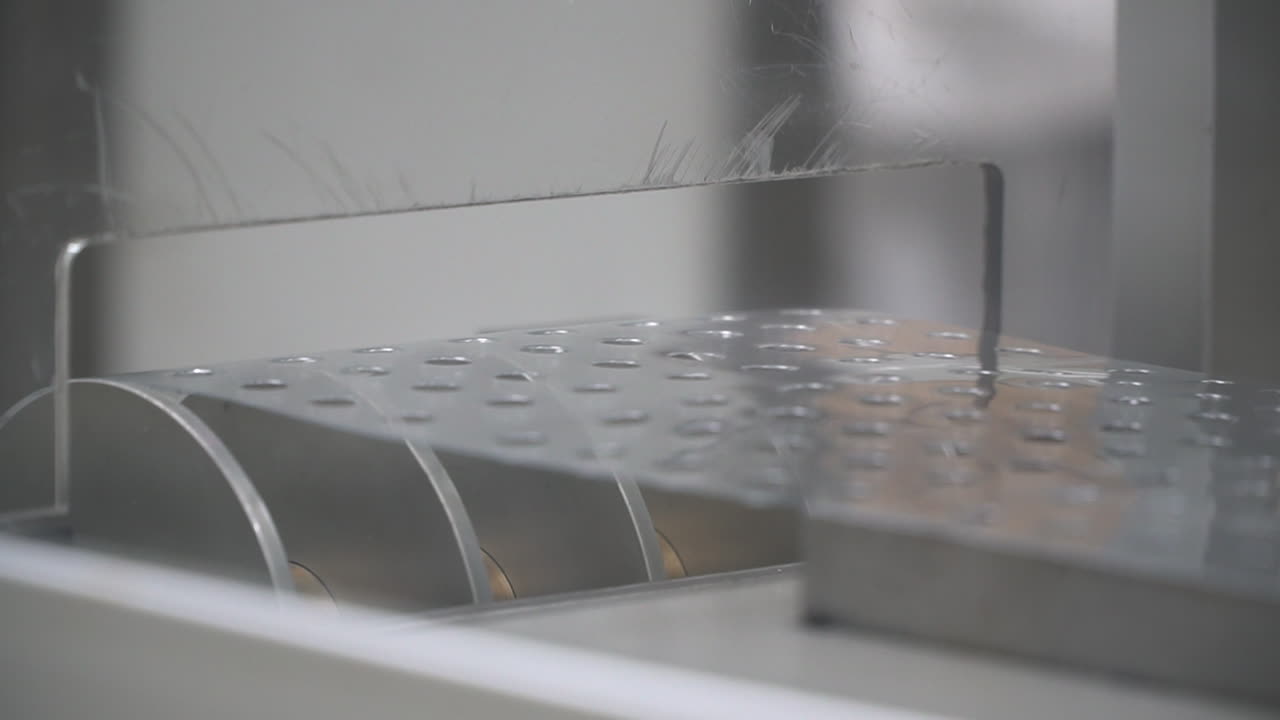 Clear plastic ream moves on conveyor belt and filled with round pills, detail