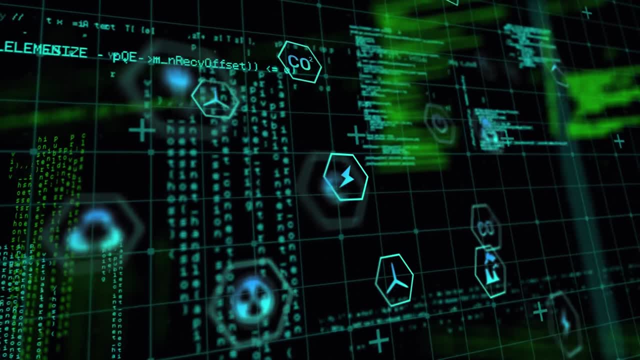 animación de iconos de procesamiento de datos y ecología sobre fondo negro