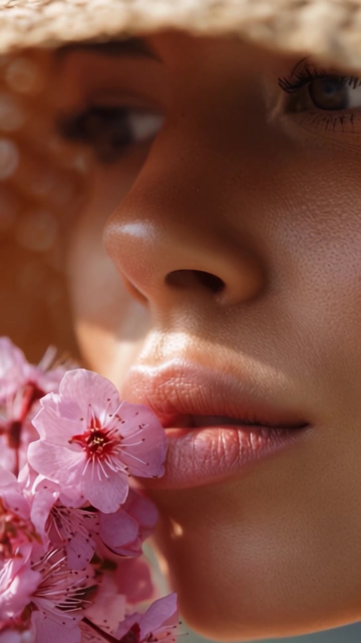 Un primo piano del viso di una donna adornato con delicati fiori rosa, che mostra una pelle luminosa e tratti delicati sotto un'atmosfera baciata dal sole e con un cappello di paglia.