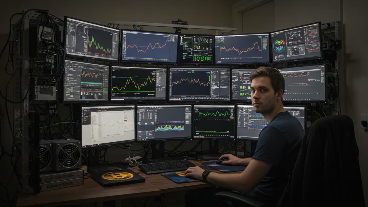 Focused Individual Analyzing Financial Data on Multiple Monitors in a High-Tech Trading Setup with Complex Graphs and Statistics Visible
