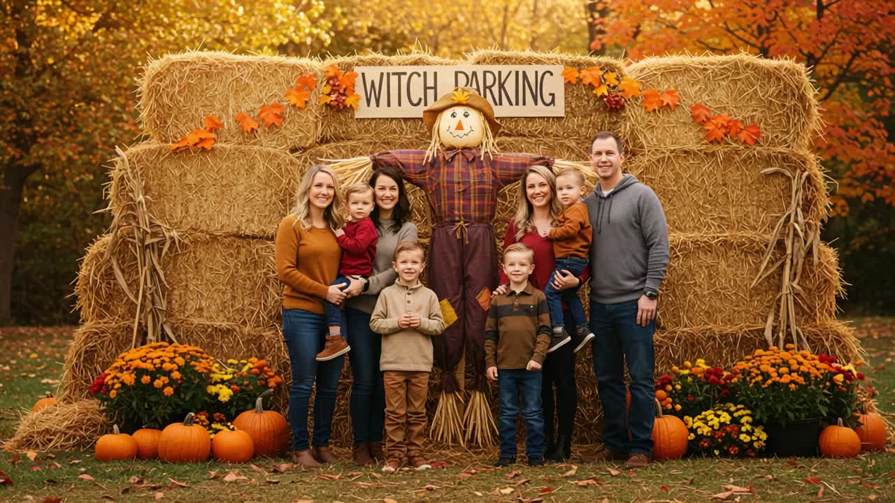 A Colorful Autumn Gathering with Family and Friends at a Whimsical 'Witch Parking' Photo Spot Surrounded by Hay Bales and Seasonal Decor
