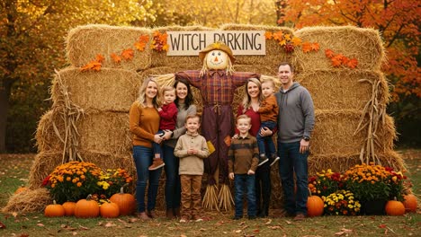 a colorful autumn gathering with family and friends at a whimsical 'witch parking' photo spot surrounded by hay bales and seasonal decor