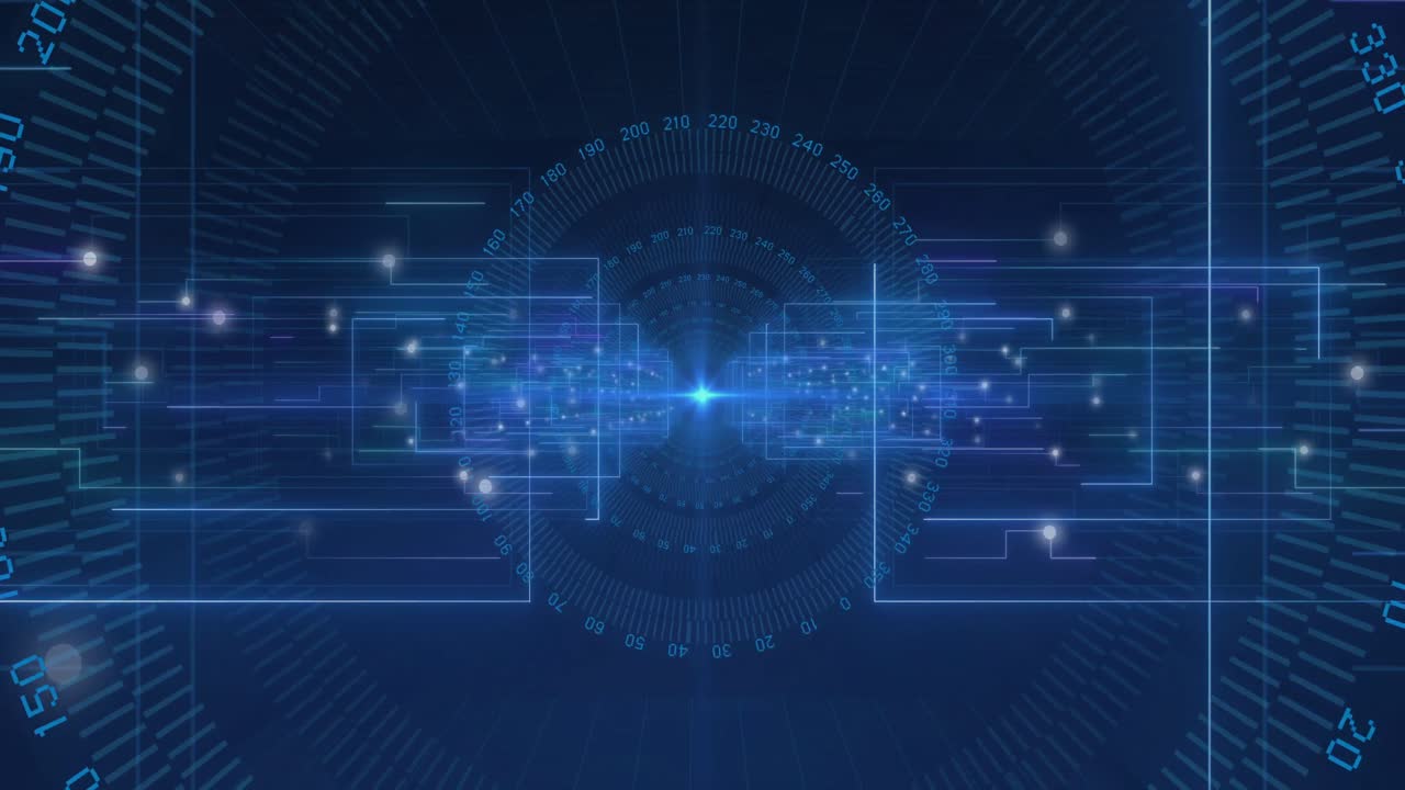 파란색 배경에 바이너리 코딩으로 스캔 및 데이터 처리의 애니메이션