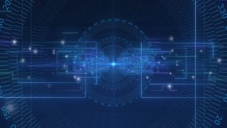 animation of scopes scanning and data processing with binary coding on blue background