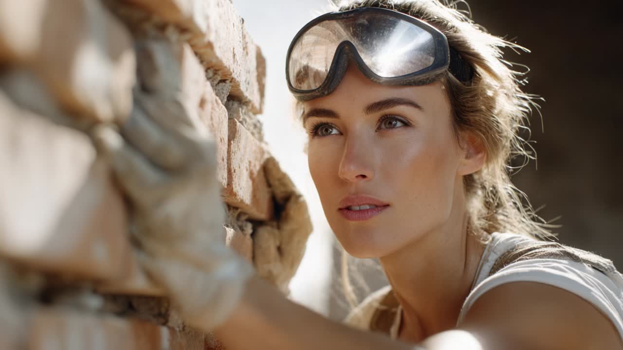 A dedicated female worker carefully building a brick wall, showcasing focus, determination, and skill in a construction environment under natural sunlight