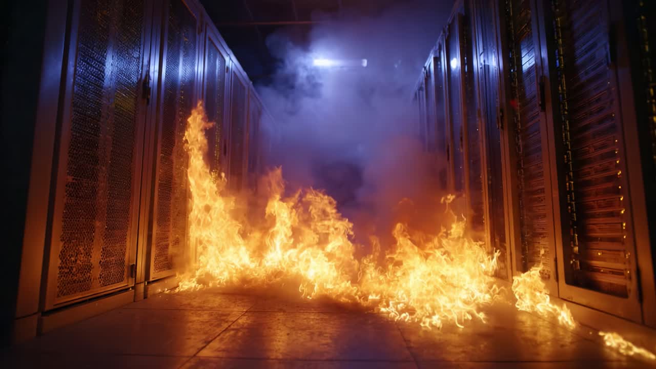 Divampa un incendio intenso nel corridoio del data center, creando una situazione pericolosa tra file di server e fumo che riempie l'ambiente, evidenziando i problemi di sicurezza antincendio