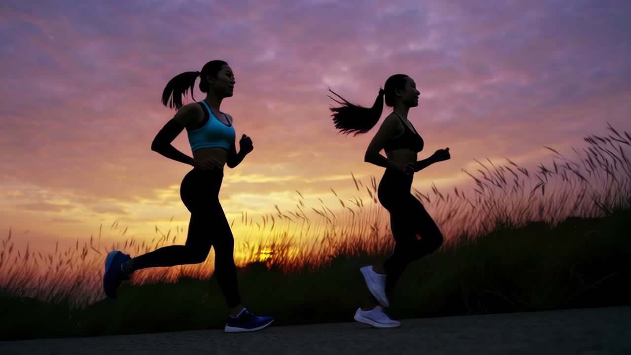 Two Women Silhouetted Running Against a Vibrant Sunset Sky