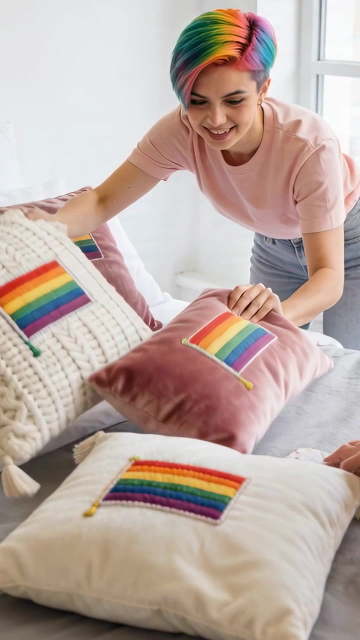 Video verticale: Donna in maglietta rosa che sistema cuscini arcobaleno per l'arredamento mentre un'amica le porge un cuscino.
