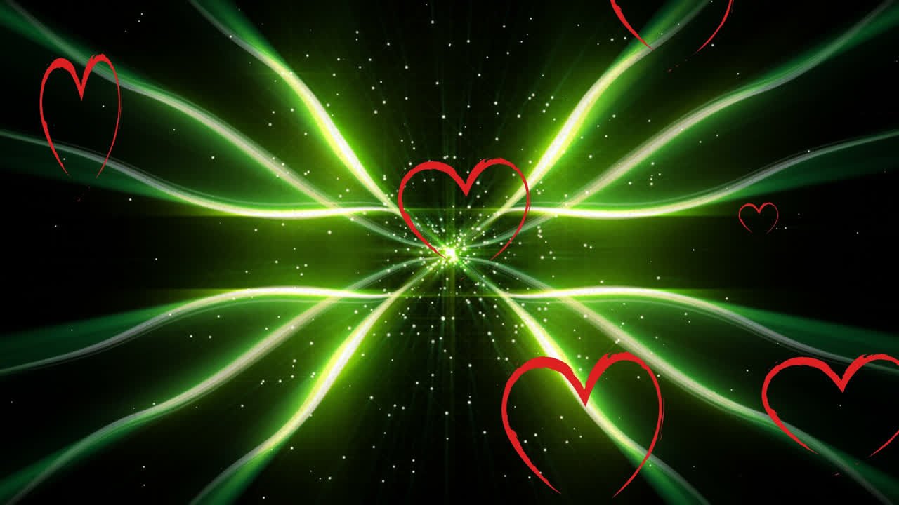 animación de corazones flotando sobre líneas verdes sobre fondo negro
