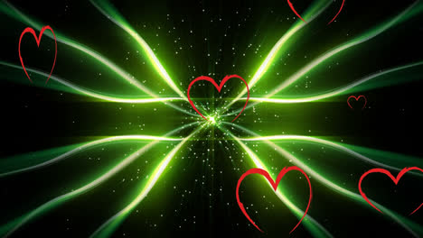 animation of hearts floating over green lines on black background