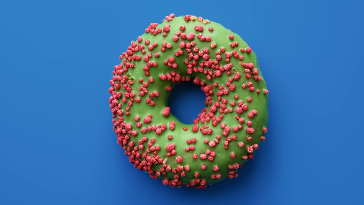 rosquilla de horneado fresca apetecible frita que gira lentamente cubierta por hielo verde aislado en azul