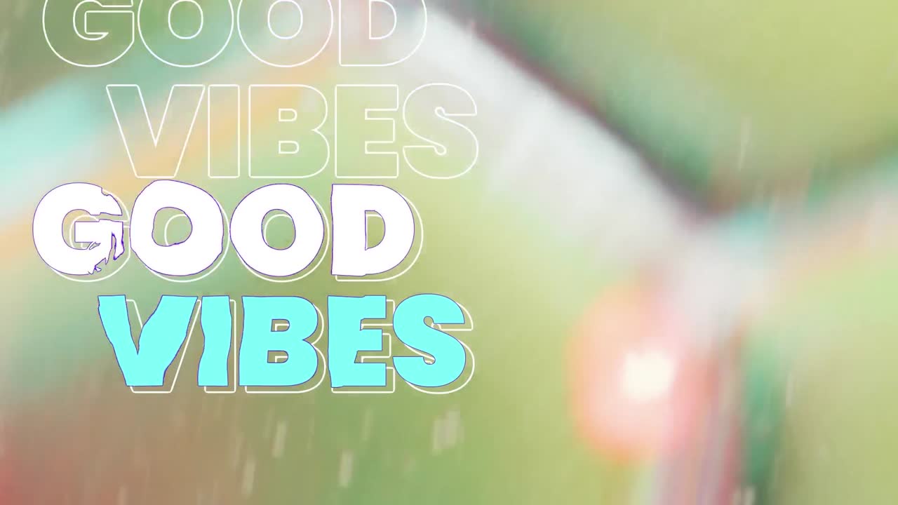 animación de buenas vibraciones texto en primer plano de líquido y bolas