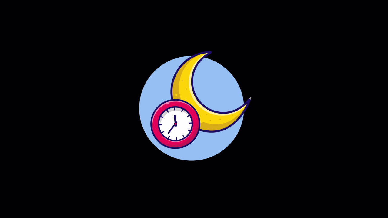 Icona animata di cartoni animati di una mezzaluna e un orologio con lancette in movimento