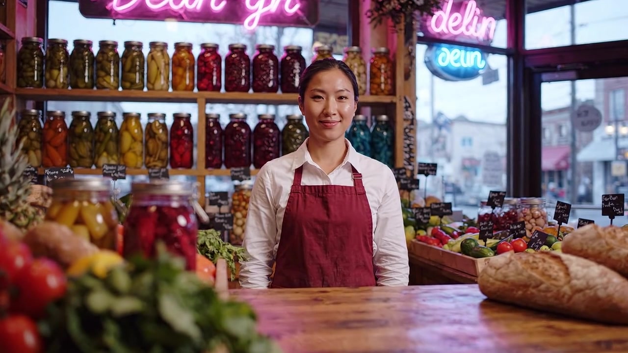 Un venditore dedicato sta orgogliosamente in un vivace mercato pieno di prodotti freschi, barattoli colorati e un'atmosfera calda che mostra un ricco assortimento di prodotti alimentari.