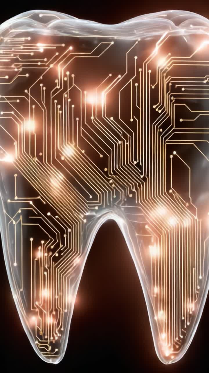 A Futuristic Dental Concept Featuring a Tooth Design Infused with Circuitry and Illuminated Patterns, Merging Biological and Technological Elements in Stunning Detail