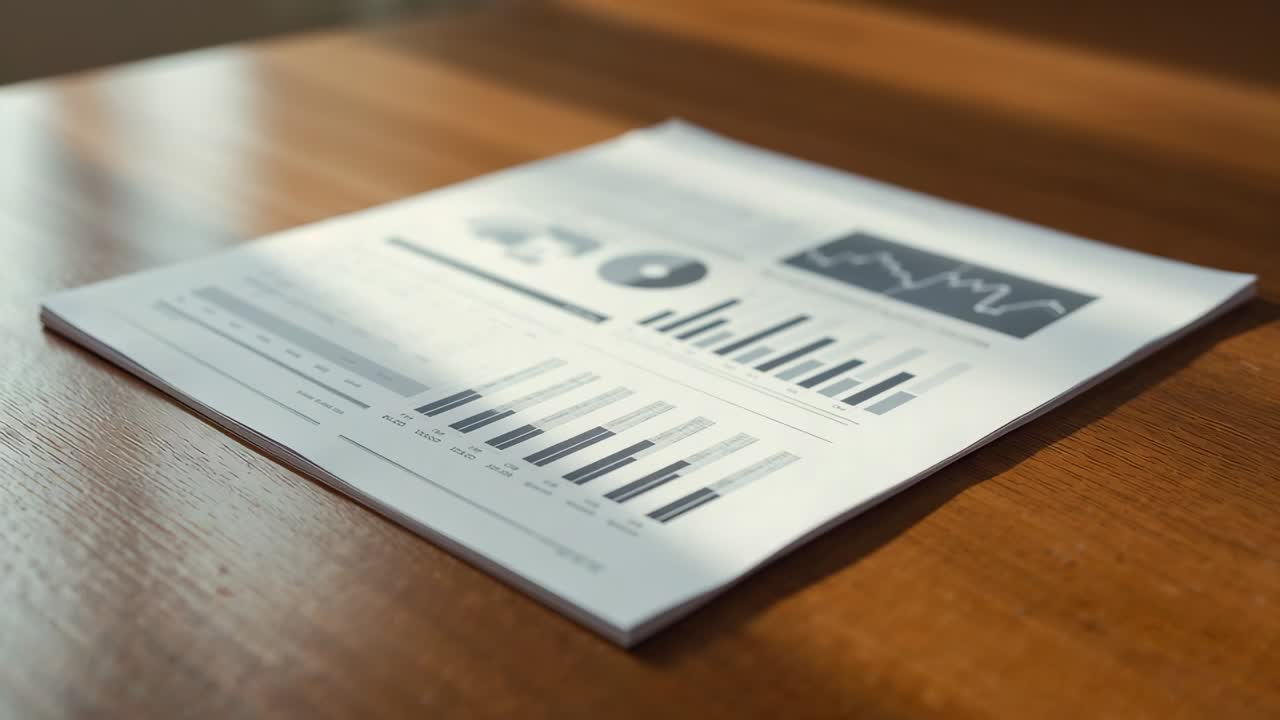 Pushing camera tightening focus on printed report on wooden table, showing pie and bar charts