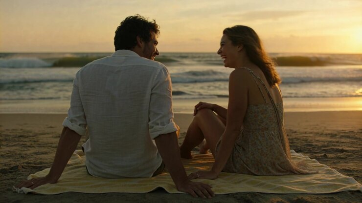 Femme en robe se tournant, engageant la conversation, homme en chemise blanche répondant et riant sur une couverture de plage, au coucher du soleil