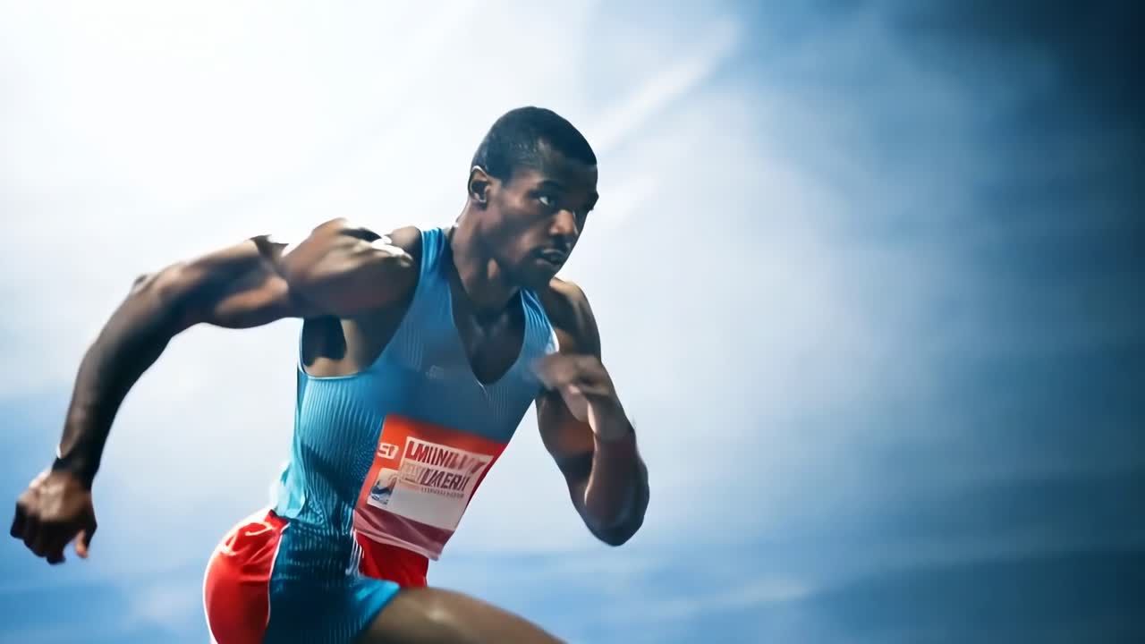 Dynamic low-angle shot of a sprinter in motion, highlighting speed and intensity, with a cinematic
