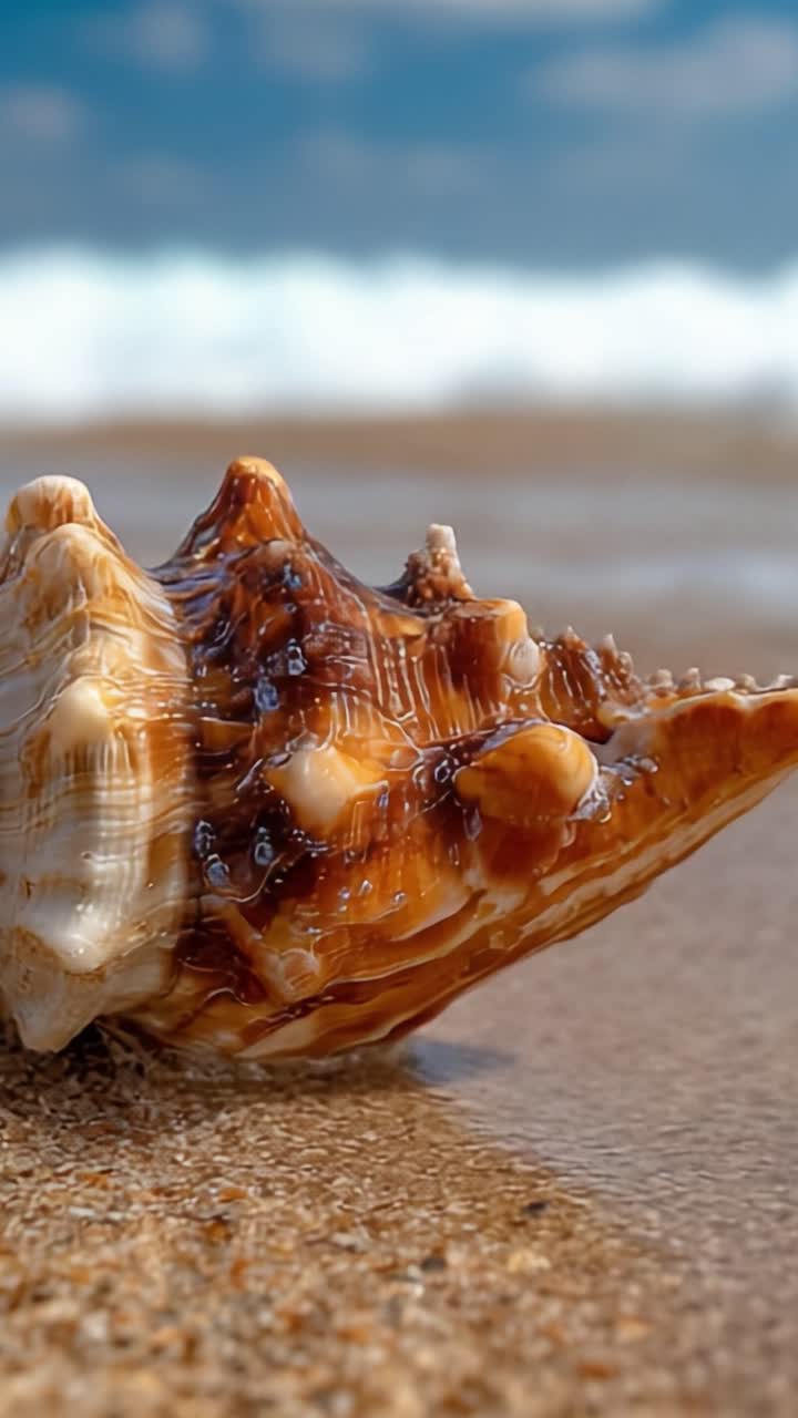 A Beautiful Close-Up of a Shell on the Sandy Beach with Gentle Waves in the Background Capturing the Essence of Nature’s Calm and Serene Environment