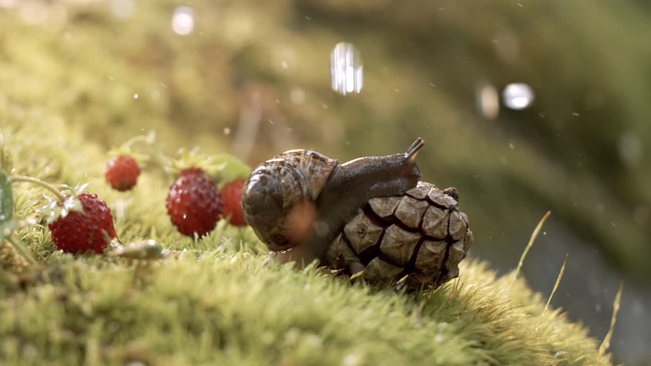 Close-up wildlife of a and wild strawberries and snail in heavy rain in the forest. Shot on super slow motion camera 1000 fps.