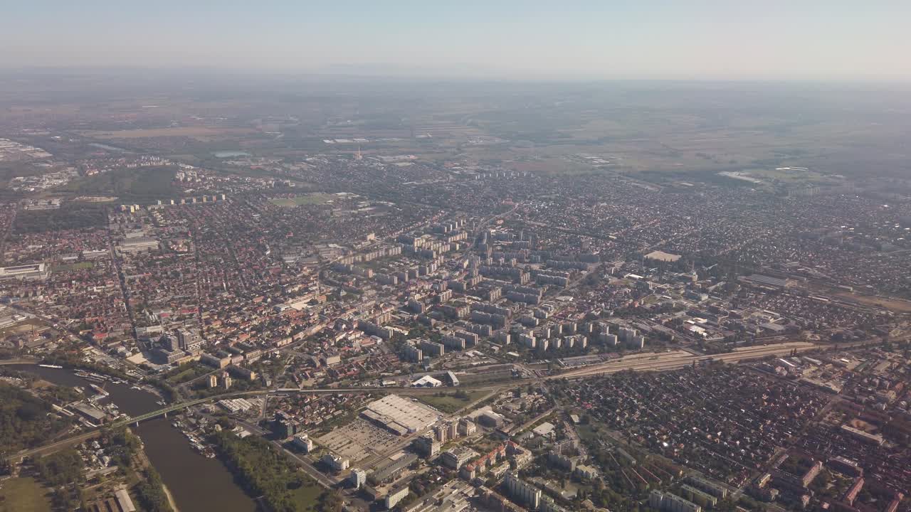 Aerial view of North East Budapest, "Újpest"  the capital of Hungary filmed from an Airplane on a sunny day