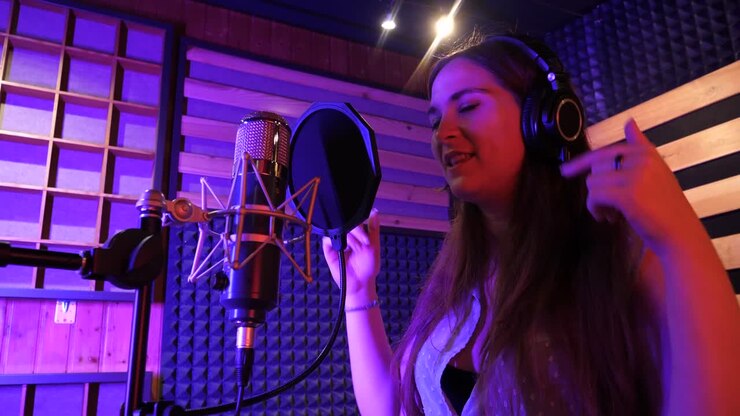 Bella donna che canta al microfono in uno studio