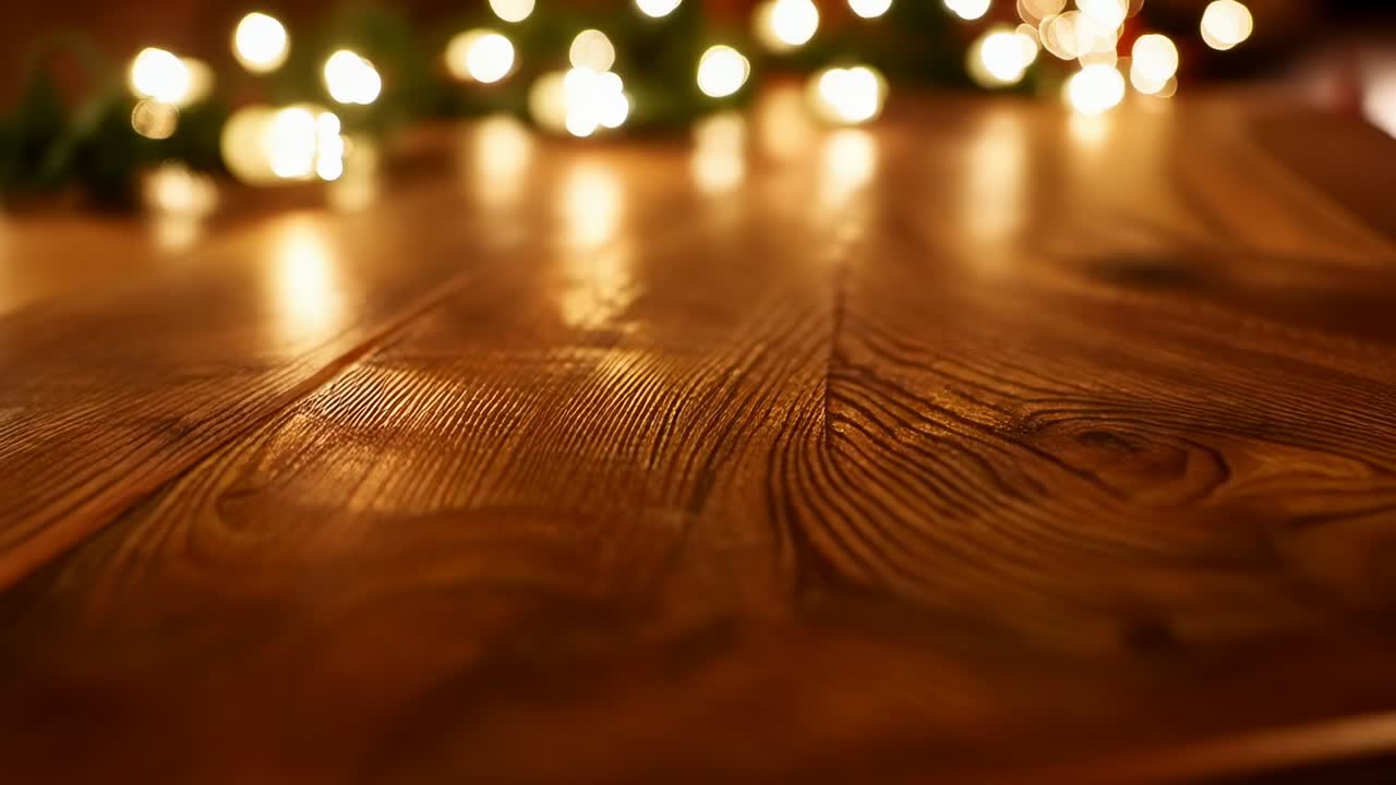 Pulling focus, low-angle camera revealing wood floor at home near lights and garland, showing grain