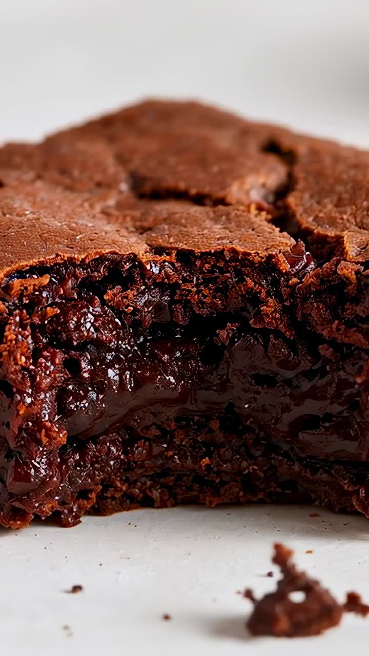 Vertikal video: Nærbilde av kamera som filmer brownie på hvit tallerken, studerer smeltet kjerne, skorpe