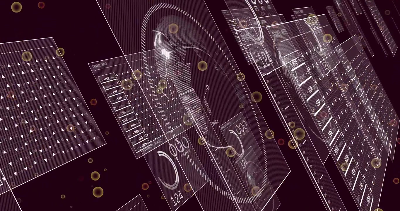 Scene opening displaying panels and rotating map dial raising values visualizing currency trends