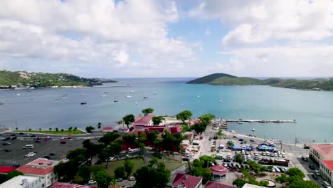 Downtown-Saint-Thomas,-US-Virgin-Islands,-Aerial-View-of-Main-Street-Buildings-and-Bay