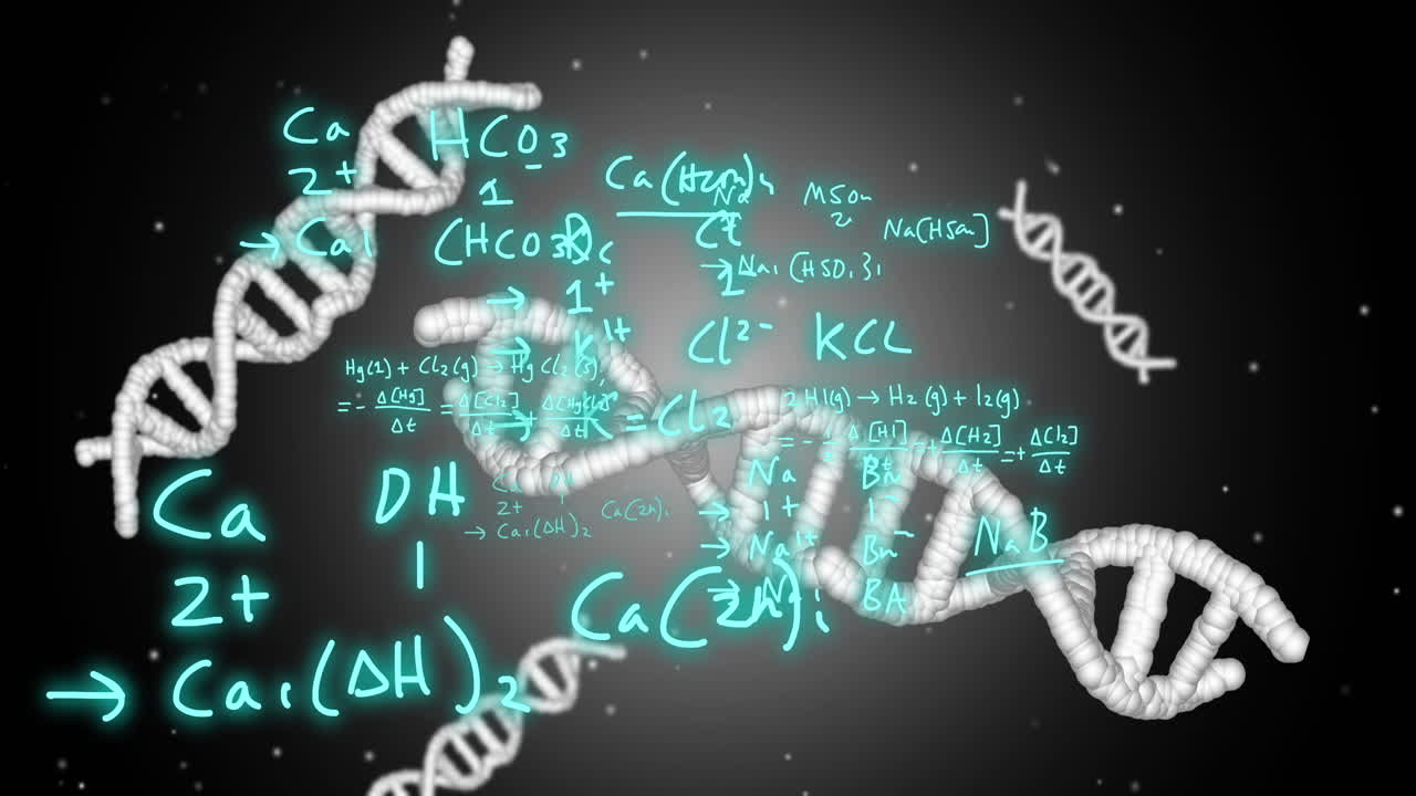 Animation of dna strands, mathematical formulae and scientific data processing over grey background