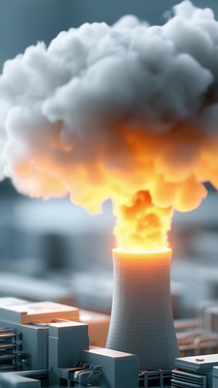 Una Scena Drammatica che Raffigura la Torre di Raffreddamento di una Centrale Nucleare che Rilascia Fumo Denso e Fiamme, Evidenziando l'Intensa Produzione di Energia e i Potenziali Pericoli Coinvolti
