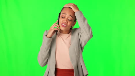 green screen, phone call or business woman stress