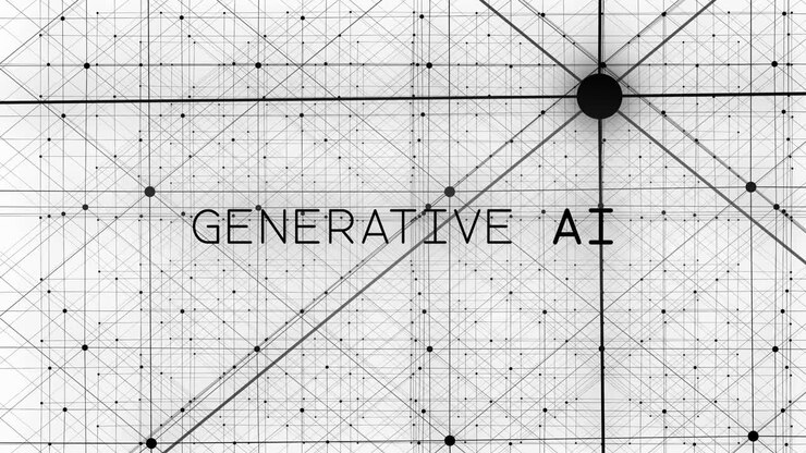 "GENERATIVE AI" appears in front of an eerie web of glowing black particles