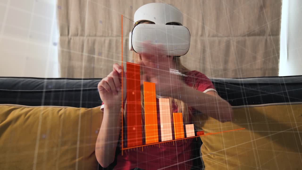 Woman using VR tapping appearing orange bar chart and tracing yellow trend line, analyzing finance