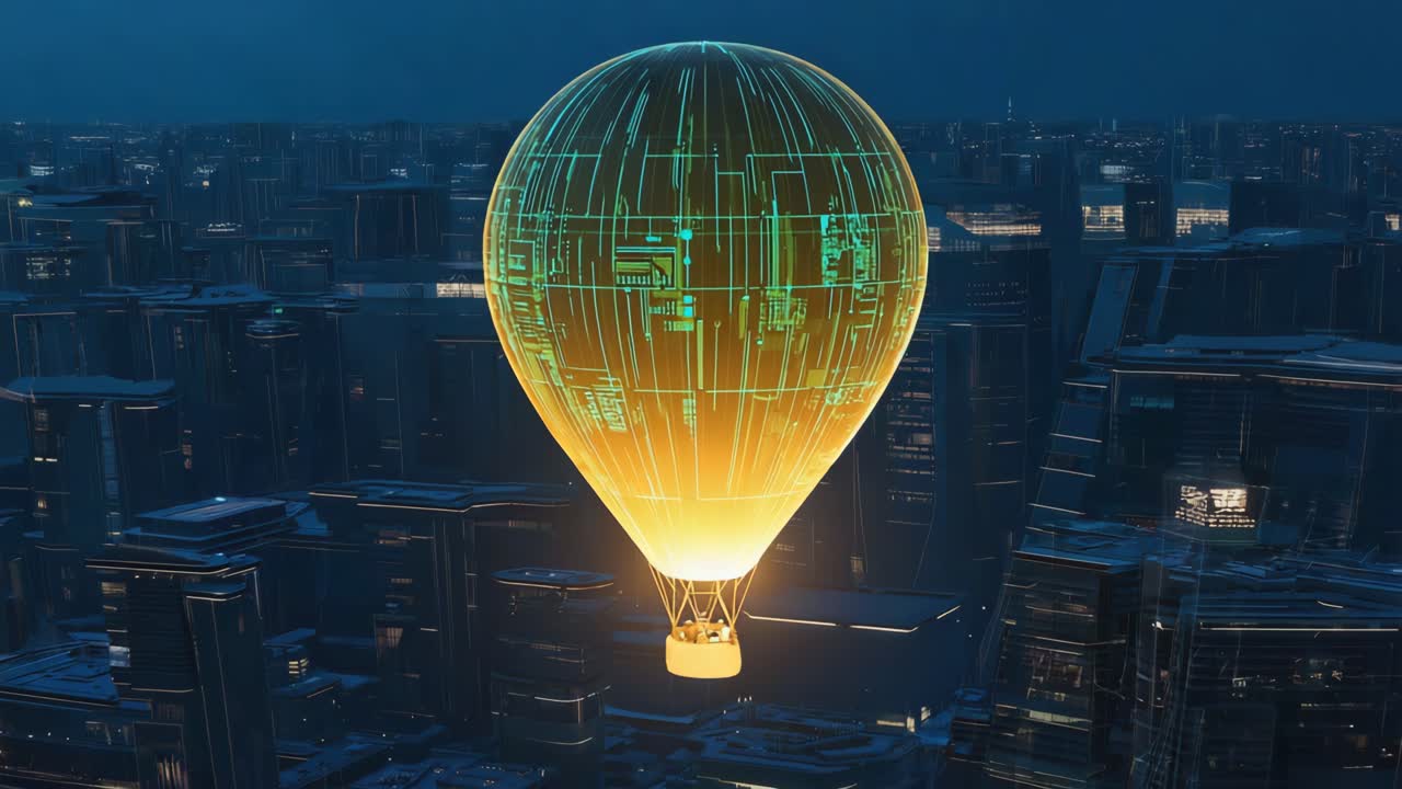 Futuristic Hot Air Balloon Over a Cityscape