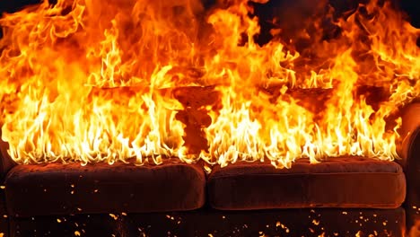 a couch is engulfed by flames on a black background